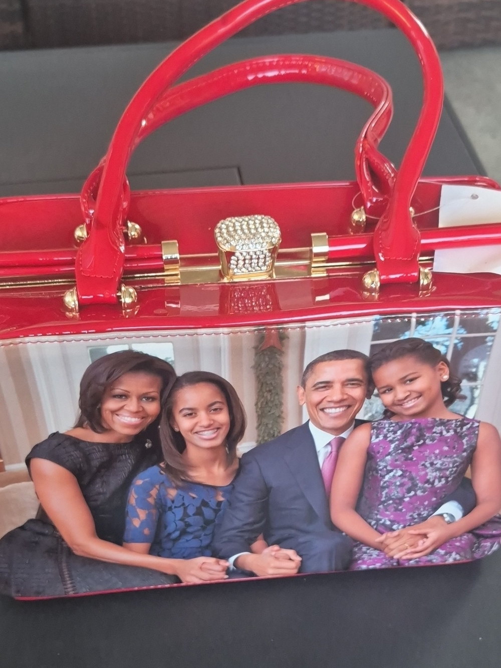 Obama Family Red Patent Satchel with Jeweled Turn-Lock